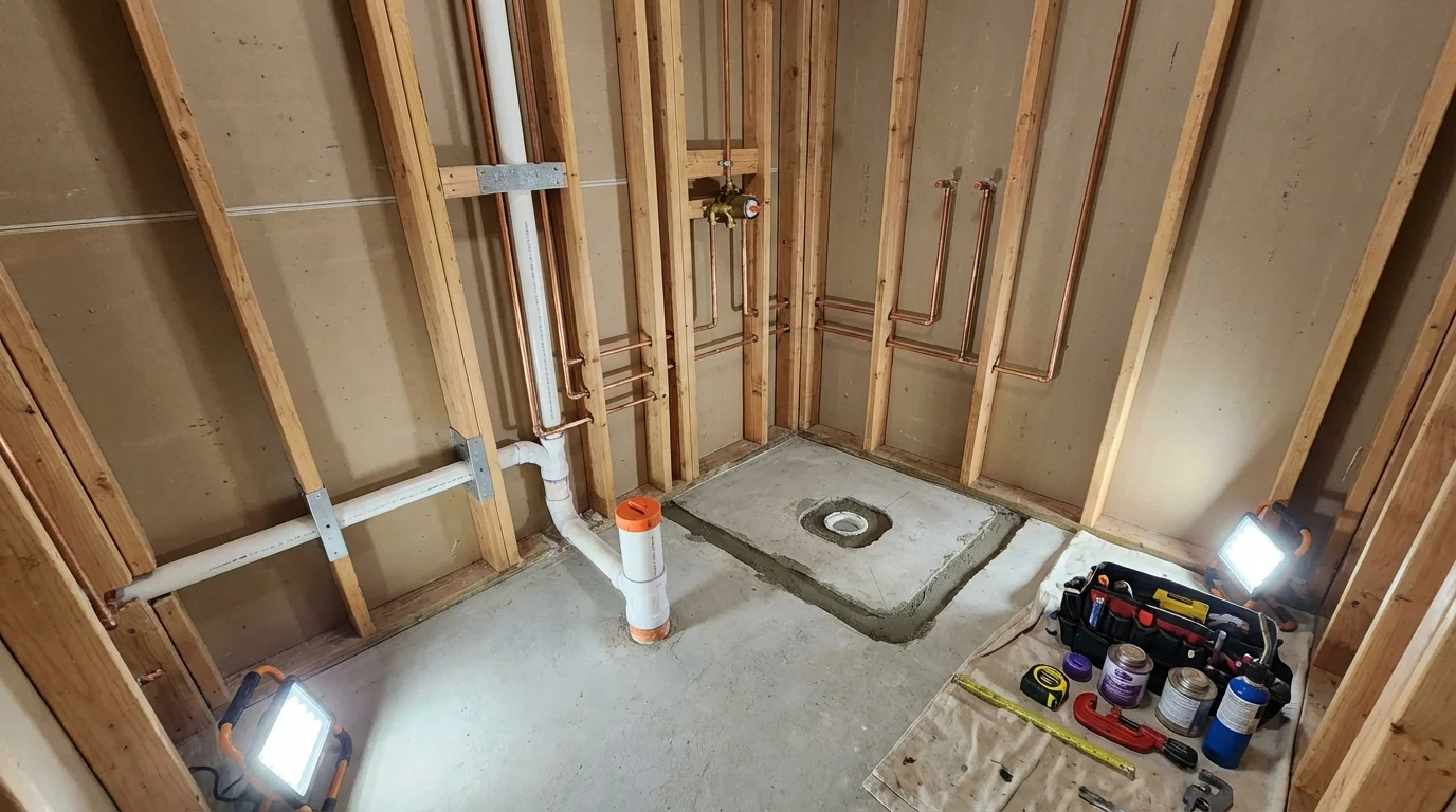 Bathroom rough-in plumbing during remodel by Johns Plumbing LLC in Willow