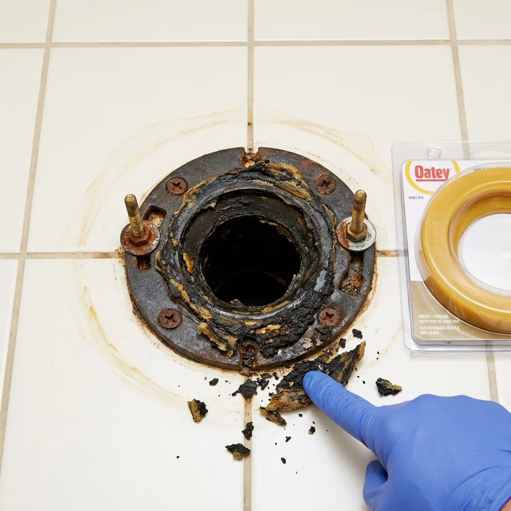 Failed wax ring showing water seepage at the base of a toilet in a Willow, AK home