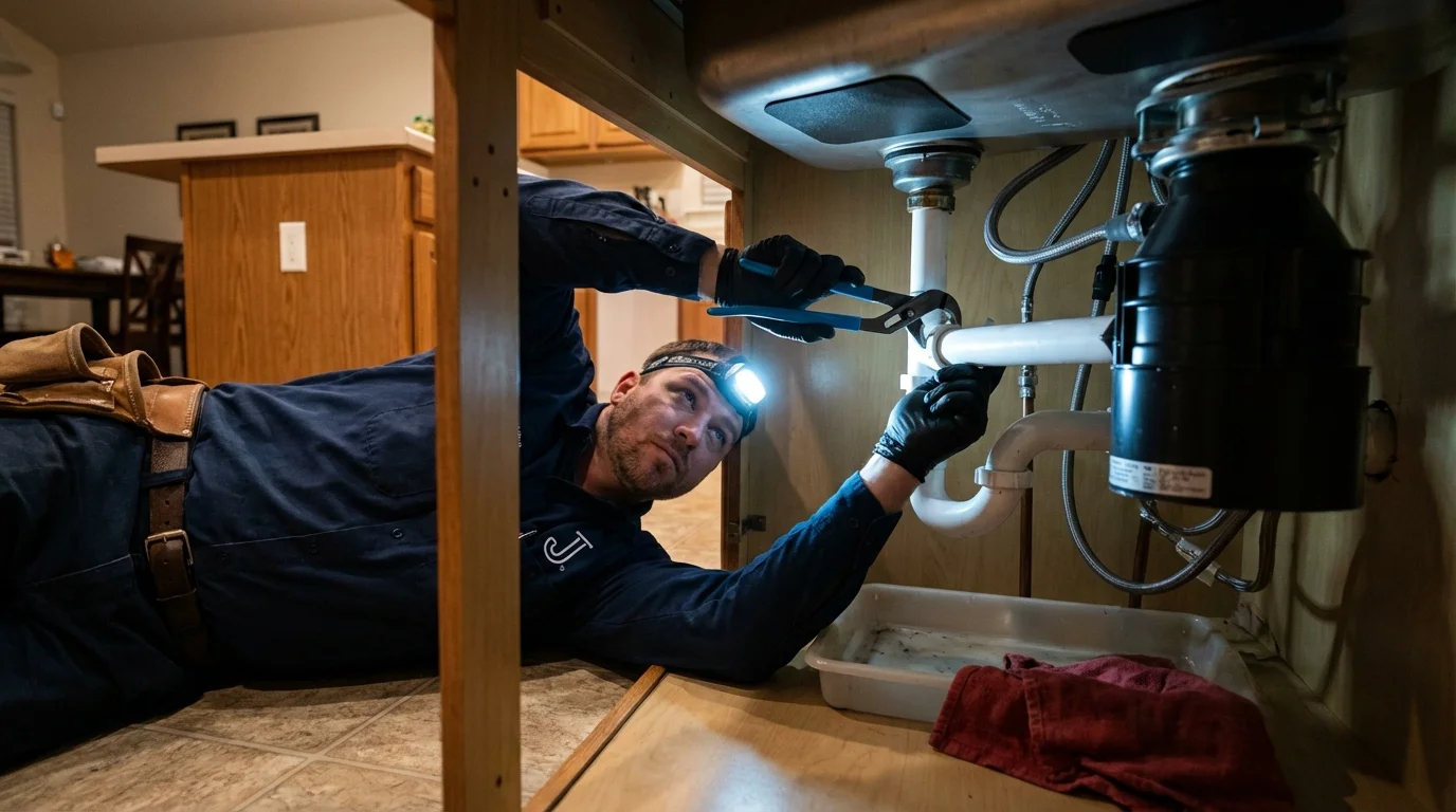 P-trap and supply line connections under a kitchen sink showing a common leak point in Willow, AK